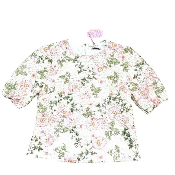 Nanette Lepore Floral Lace Top Pink Green White Puff Sleeve Blouse M NWT - Picture 3 of 3